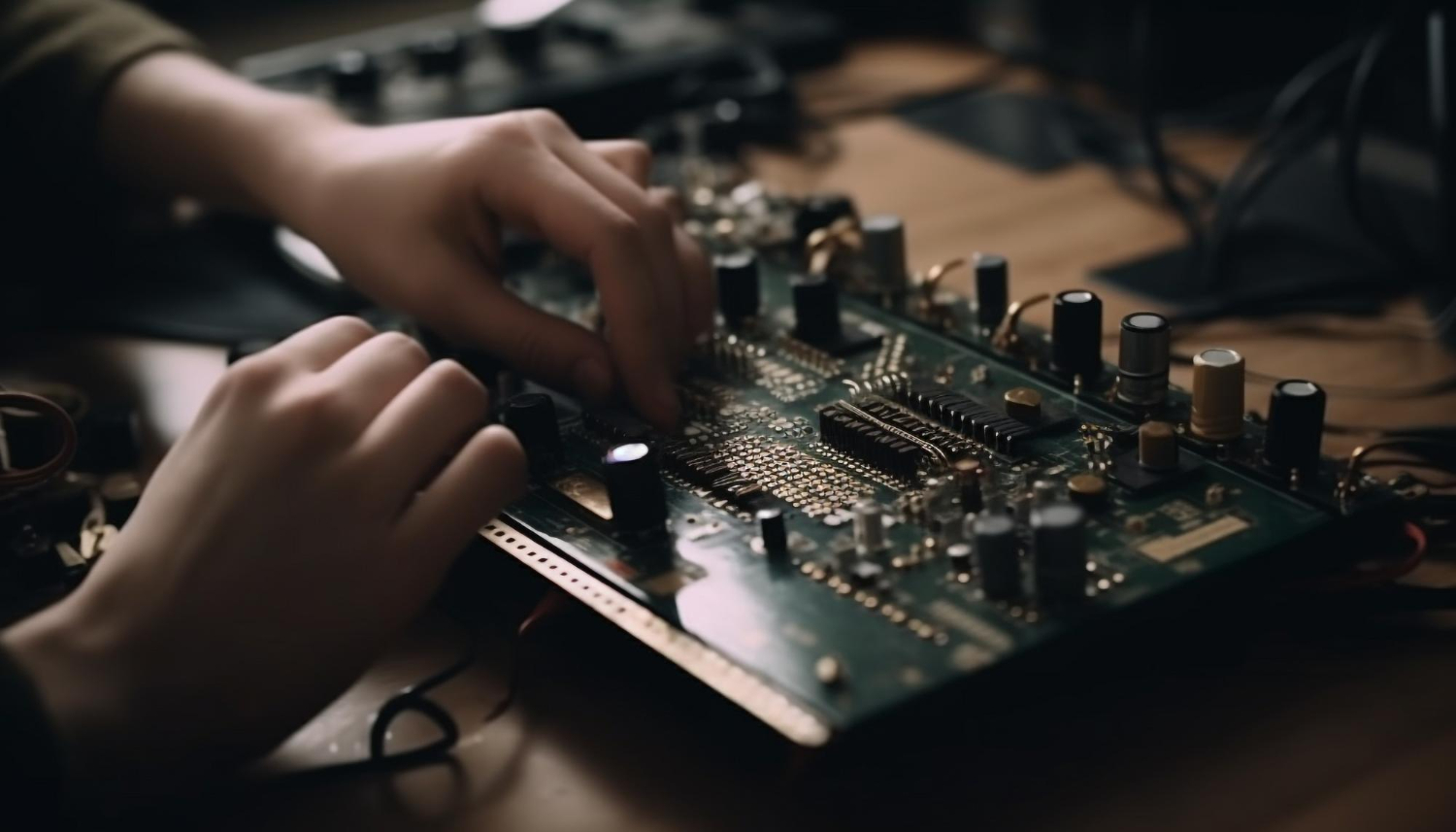 Técnico reparando uma placa eletrônica